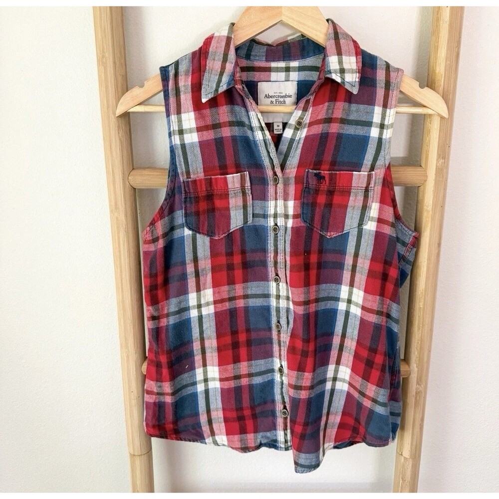 Abercrombie & Fitch Red Blue Plaid Sleeveless Button Flannel Shirt Medium M